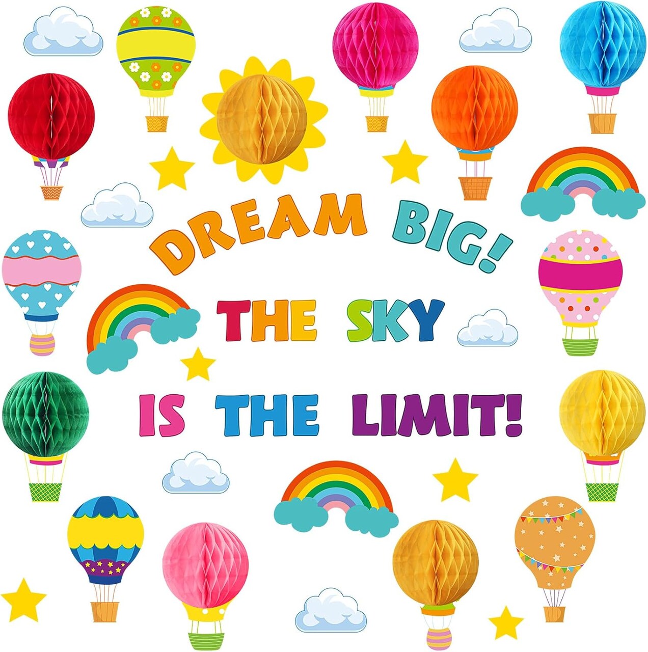 82 Pcs Colorful 3D Hot Air Balloon Honeycomb Bulletin Board Set